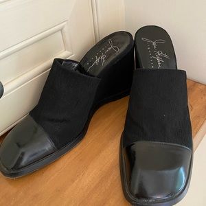 Vintage Joan Halpern. Stretch crepe and leather mule wedges.